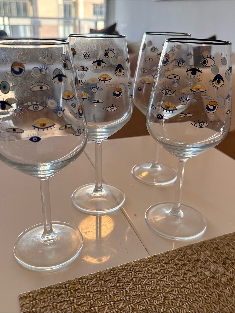 Evil Eye Motif Hand-Painted Wine Glasses - Blue, Gold & Black / Set of 4